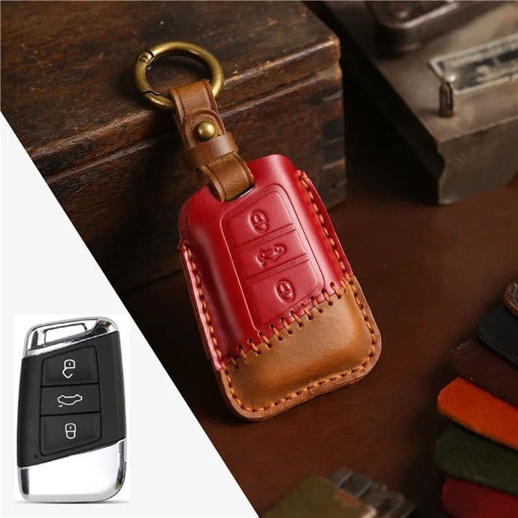 Kožené pouzdro pro autoklíč VW, Škoda, Seat červené - náhled 4